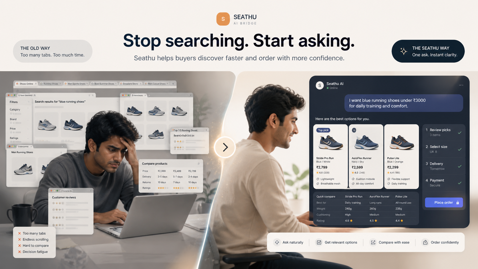 Comparison between normal web shopping and Seathu AI shopping